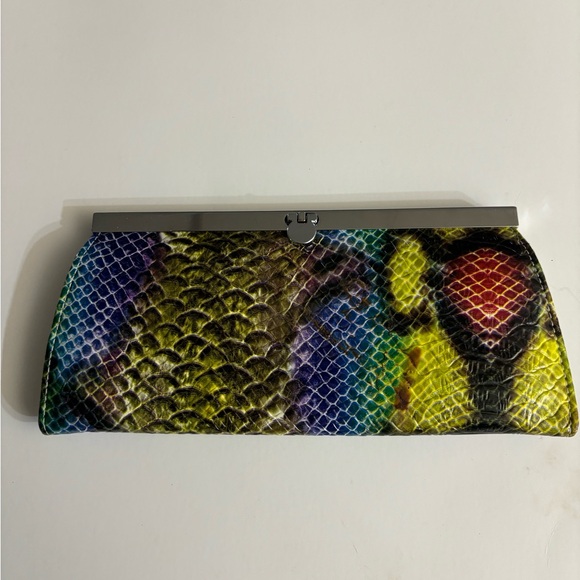 Handbags - Multicolor Snakeskin Clutch with Metal Push Through Fold Over Clasp